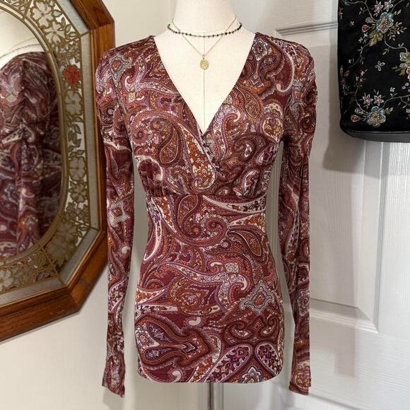 INC International Concepts Orange & Purple Paisley Mesh Long Sleeve Whimsy Top - Picture 1 of 7